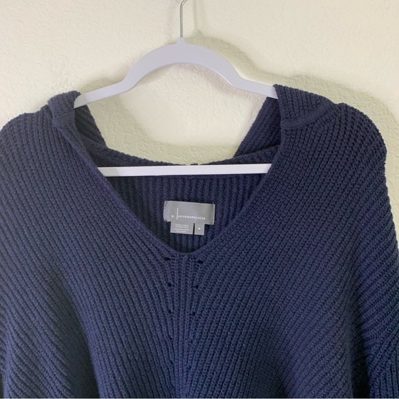 Anthropologie Womens navy stitched chunky knit v neck hooded sweatshirt M - Picture 5 of 9